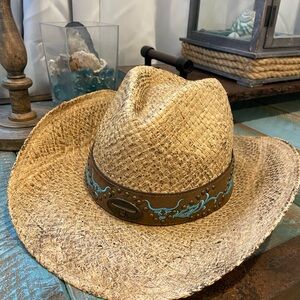 Straw Cowboy Hat with Turquoise Accents